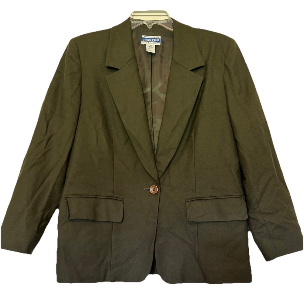 Vtg Pendleton Petite 10 Blazer USA Virgin Wool Green Women's‎ Single Button Coat